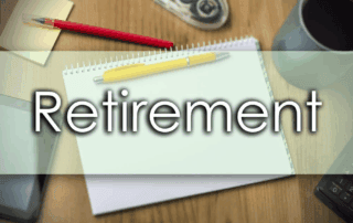 A notepad with a yellow pen on a wooden desk, surrounded by a red pencil, cup, and office supplies, with the word “Retirement” in large text across the image.