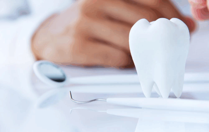 A close-up of a large model tooth, a dental mirror, and a dental tool on a white surface, with a persons hand blurred in the background.